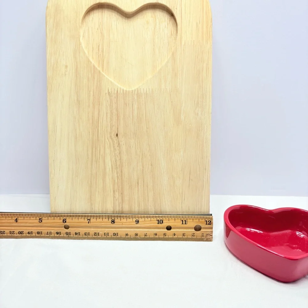 Heart-Shaped Red Bowl with Wooden Cutting Board